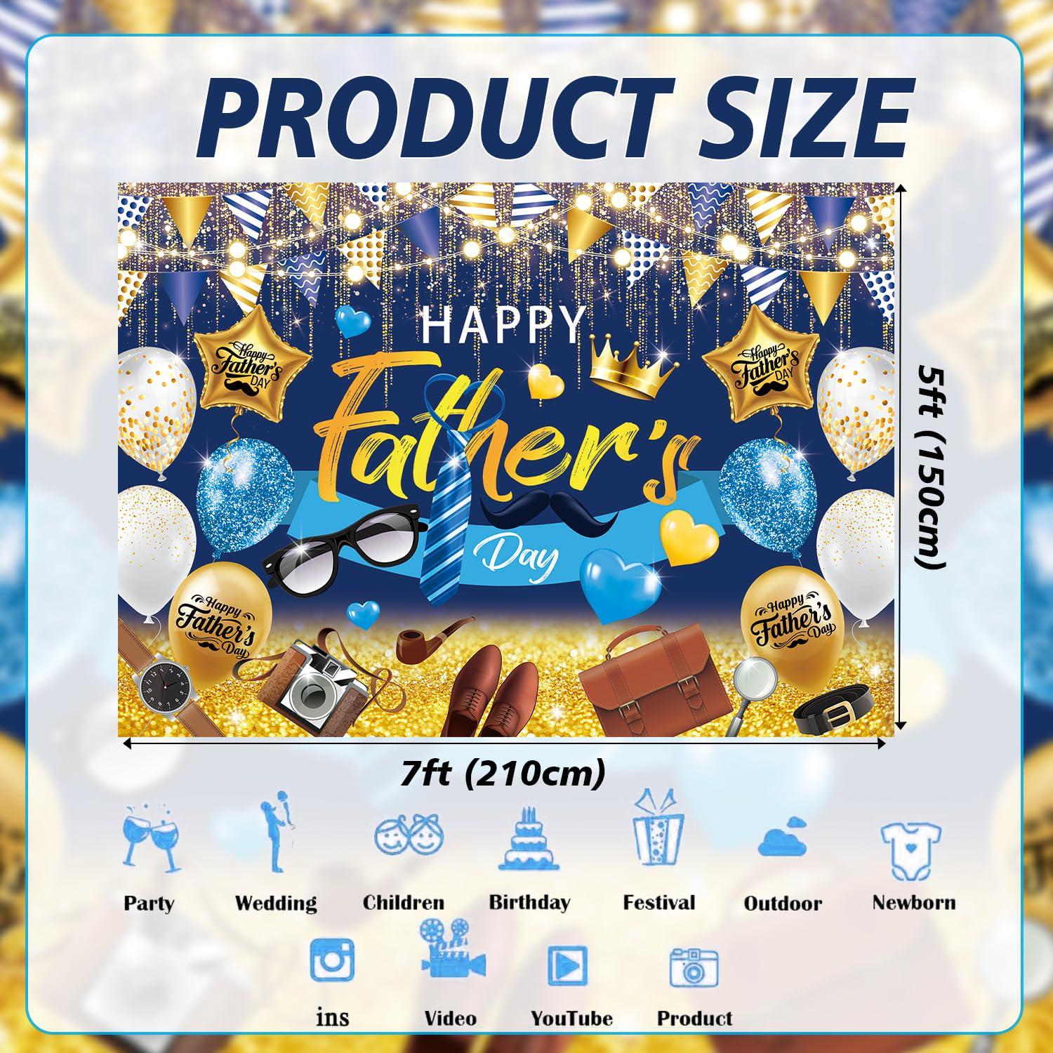 7x5FT Happy Father's Day Backdrop Navy Blue Gold Glitter Tie Mustache Photo Booth Banner