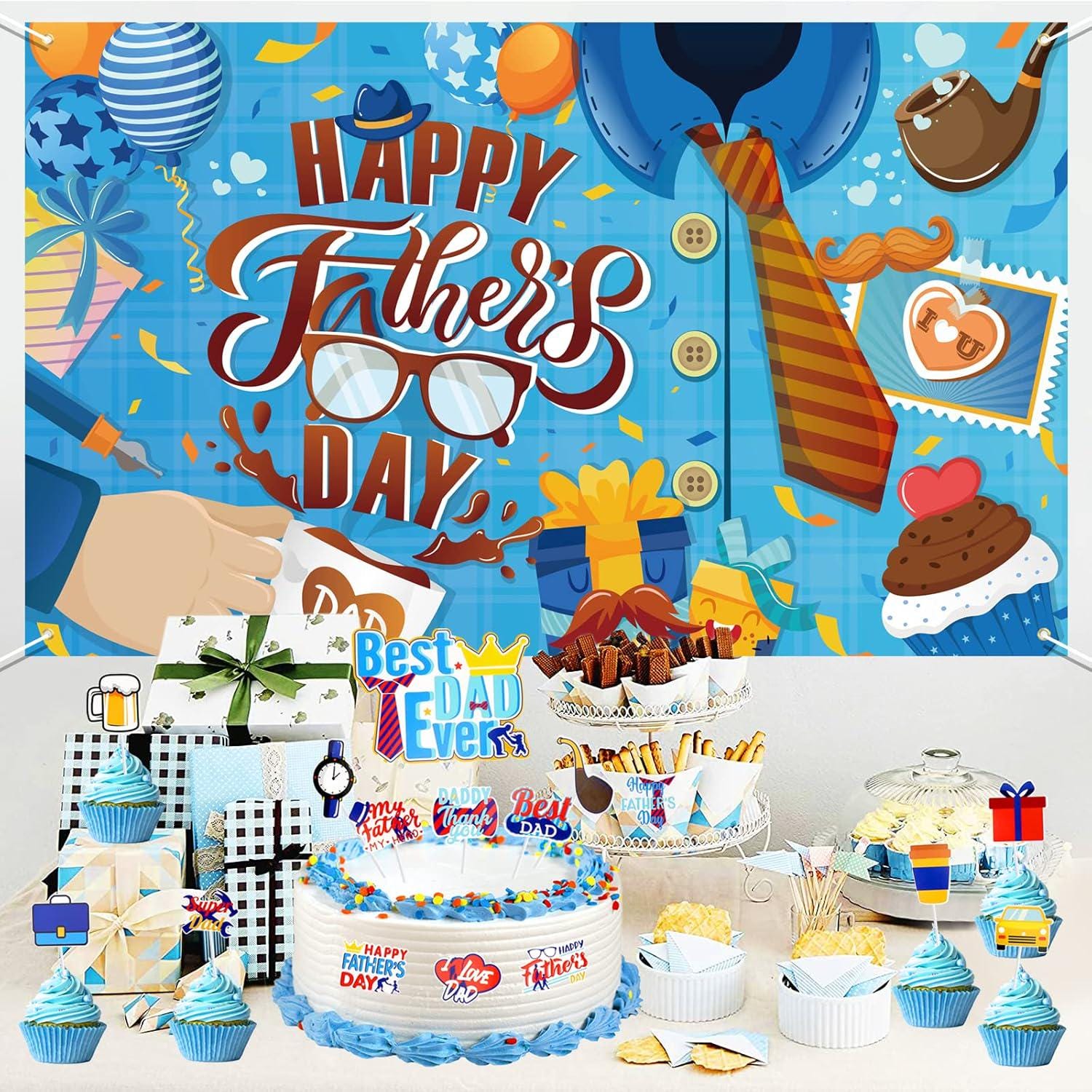 Happy Father's Day Blue Fabric Backdrop Banner with Tie & I Love You Dad Design 185x110cm