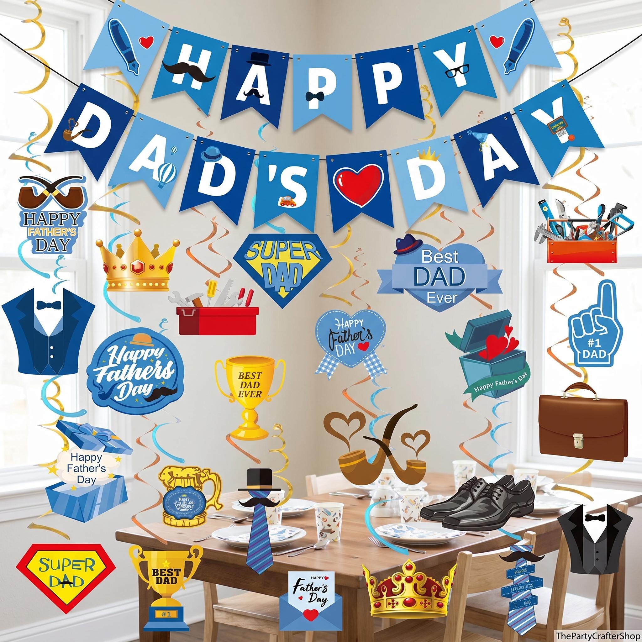 25PCS Father's Day Hanging Decorations Set Happy Dad's Day Banner & Ceiling Swirls Party Supplies