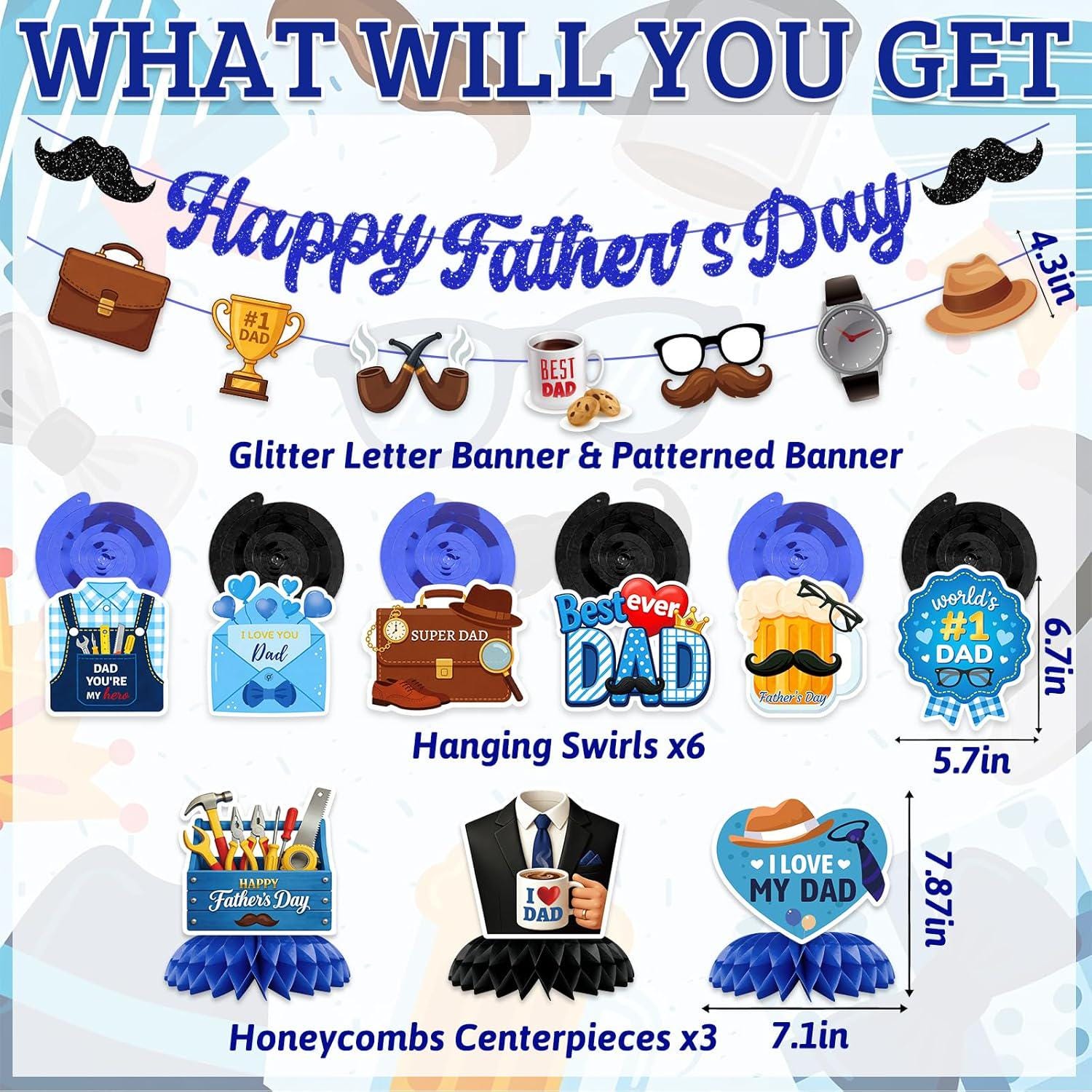 Father's Day Decorations Set Happy Father's Day Banner Hanging Swirls 3D Centerpieces Best Dad Ever Party Supplies