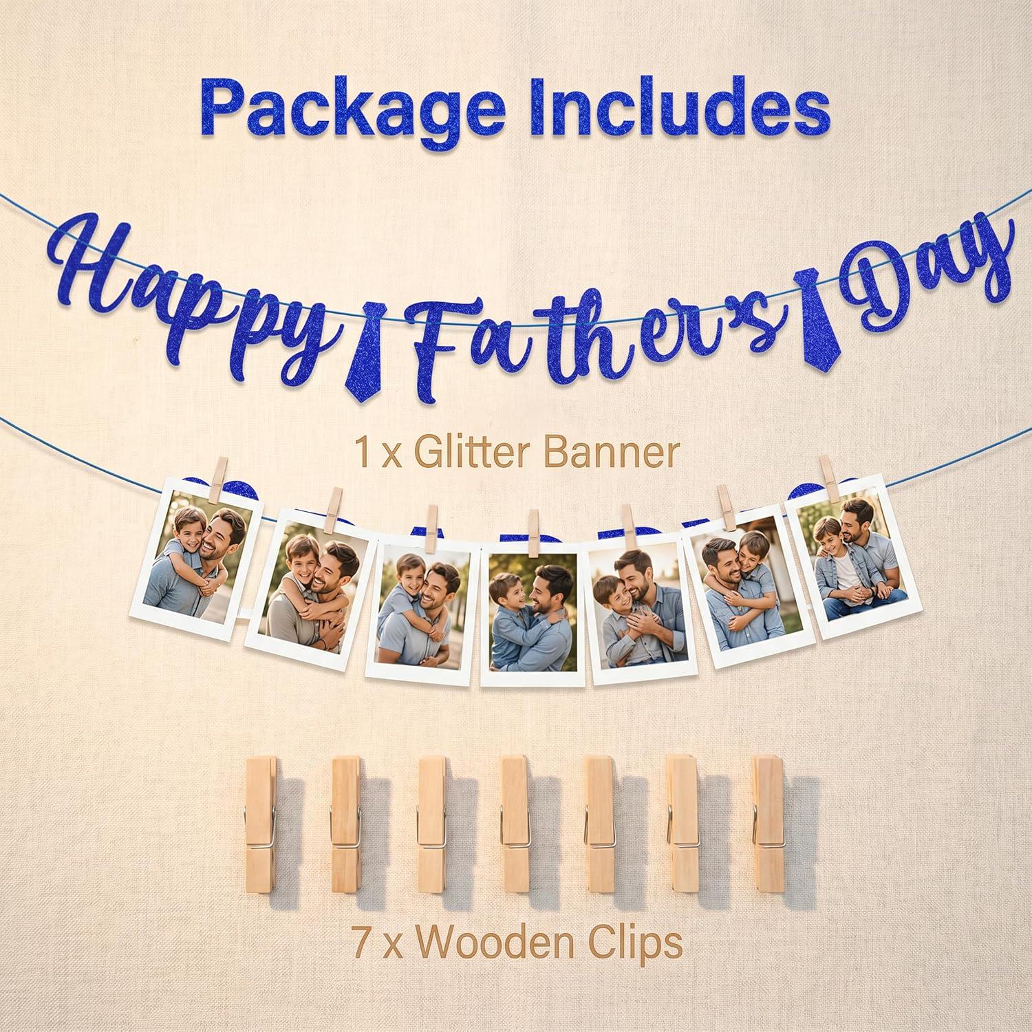 Happy Father's Day Photo Garland Banner with Wooden Clips Blue Glitter Tie Decorations for Dad