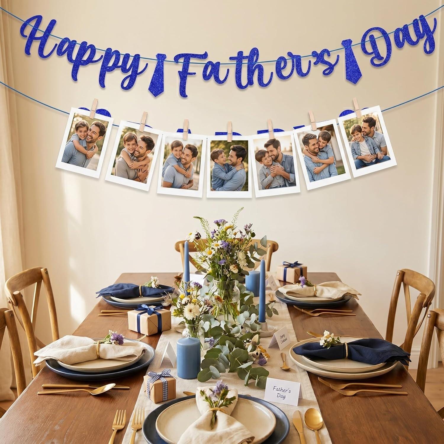 Happy Father's Day Photo Garland Banner with Wooden Clips Blue Glitter Tie Decorations for Dad
