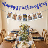Happy Father's Day Photo Garland Banner with Wooden Clips Blue Glitter Tie Decorations for Dad