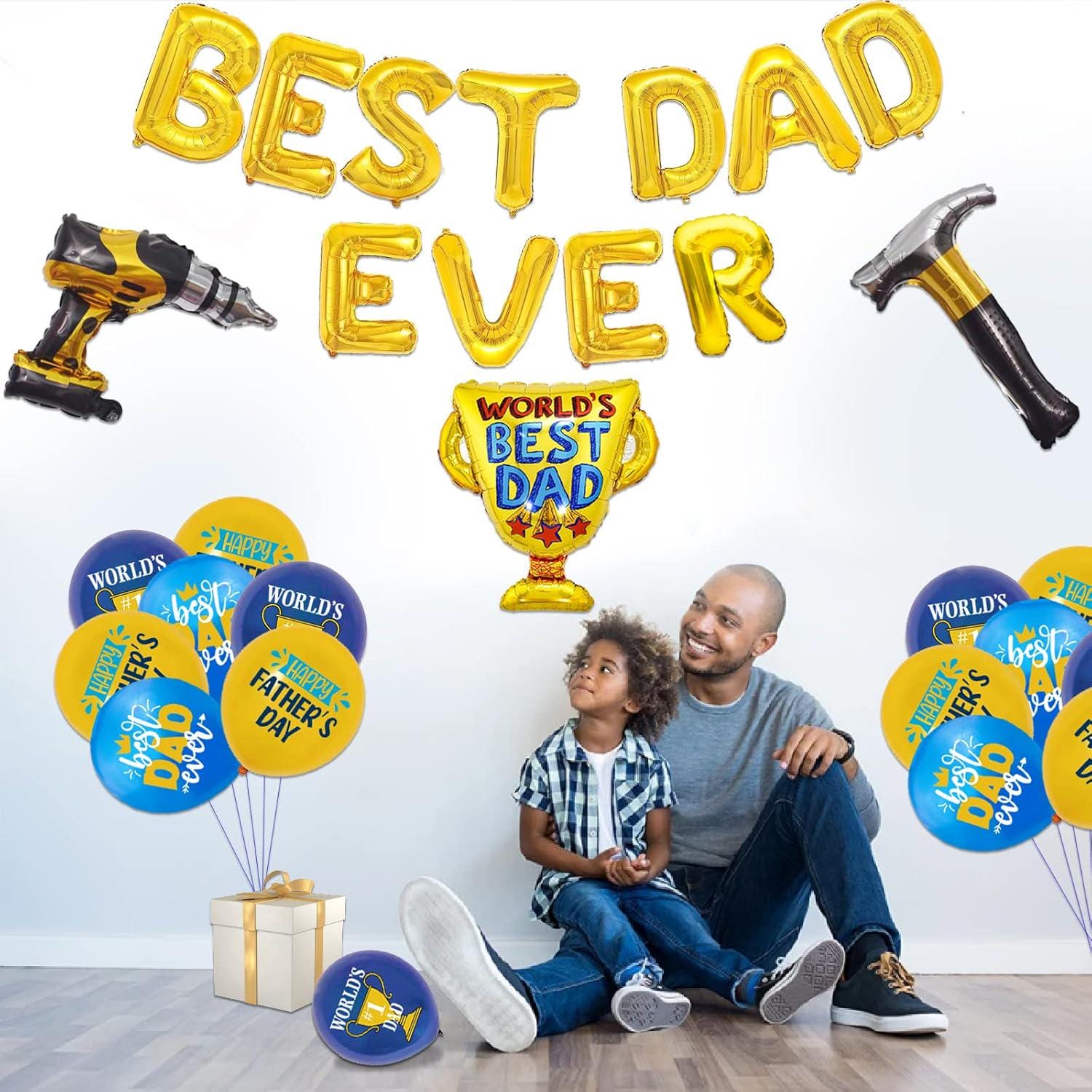 Best Dad Father's Day Balloon Decoration Set Trophy Drill Hammer Foil Balloons Golden Party Supplies