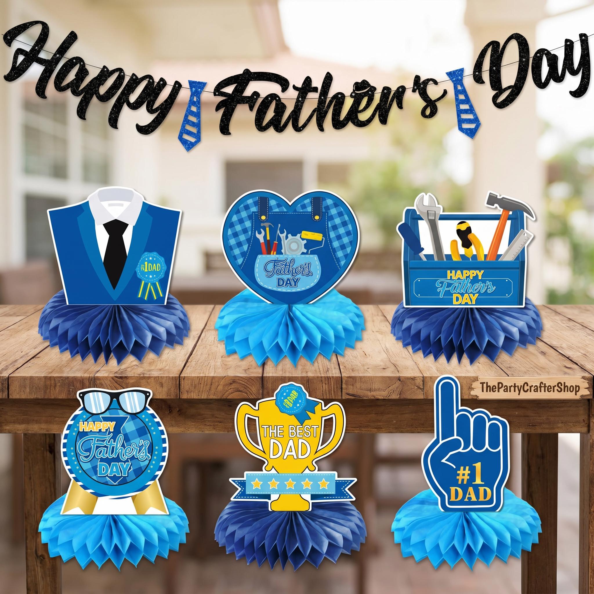 Happy Father's Day Banner & 3D Honeycomb Centerpiece Set Double-Sided Table Decorations for Dad
