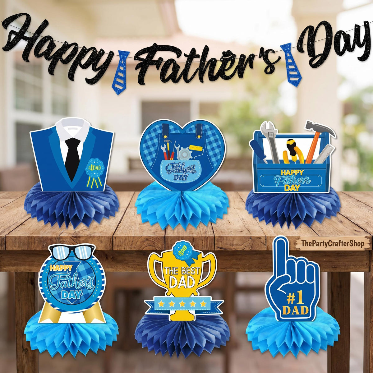 Happy Father's Day Banner & 3D Honeycomb Centerpiece Set Double-Sided Table Decorations for Dad