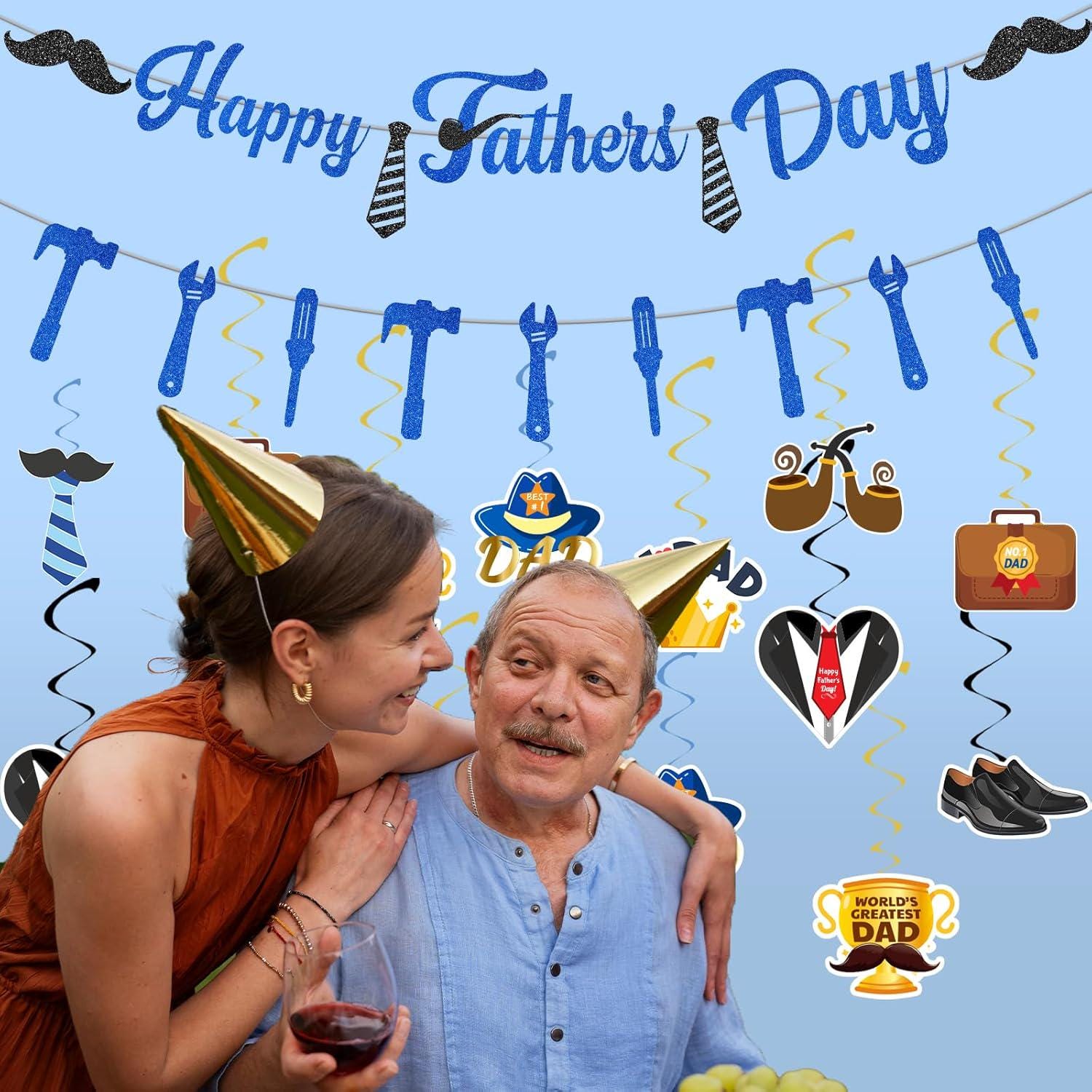 32PCS Happy Father's Day Banner & Hanging Swirls Decoration Set Party Supplies for Dad Birthday