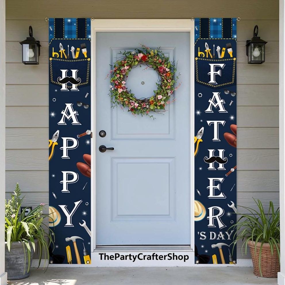 Happy Father's Day Blue Porch Sign Banner Hanging Door Decorations for Dad Party Supplies