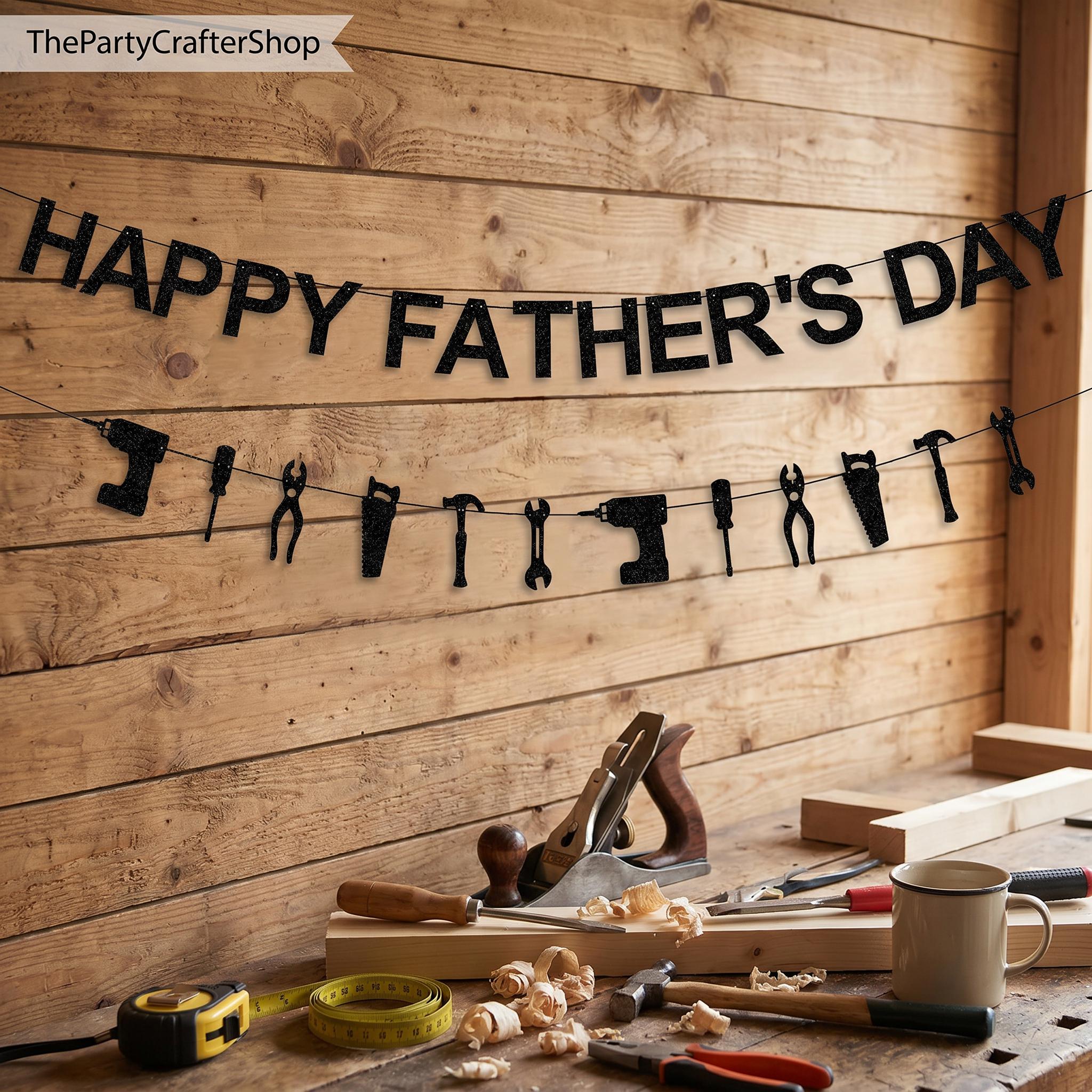 Best Dad Ever Glitter Father's Day Banner with Tools Signs Black Garland Fireplace Mantle Decorations