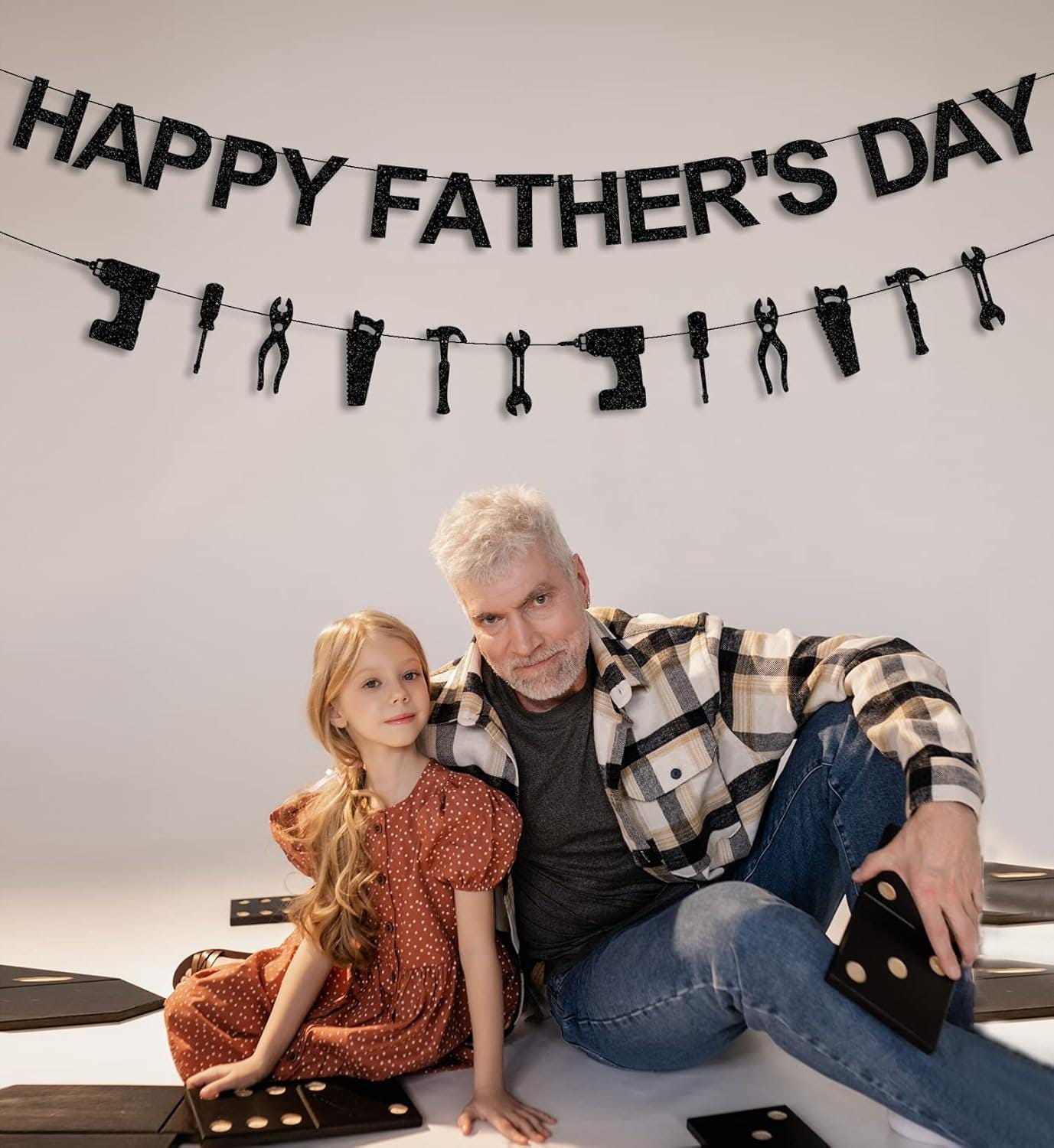 Best Dad Ever Glitter Father's Day Banner with Tools Signs Black Garland Fireplace Mantle Decorations