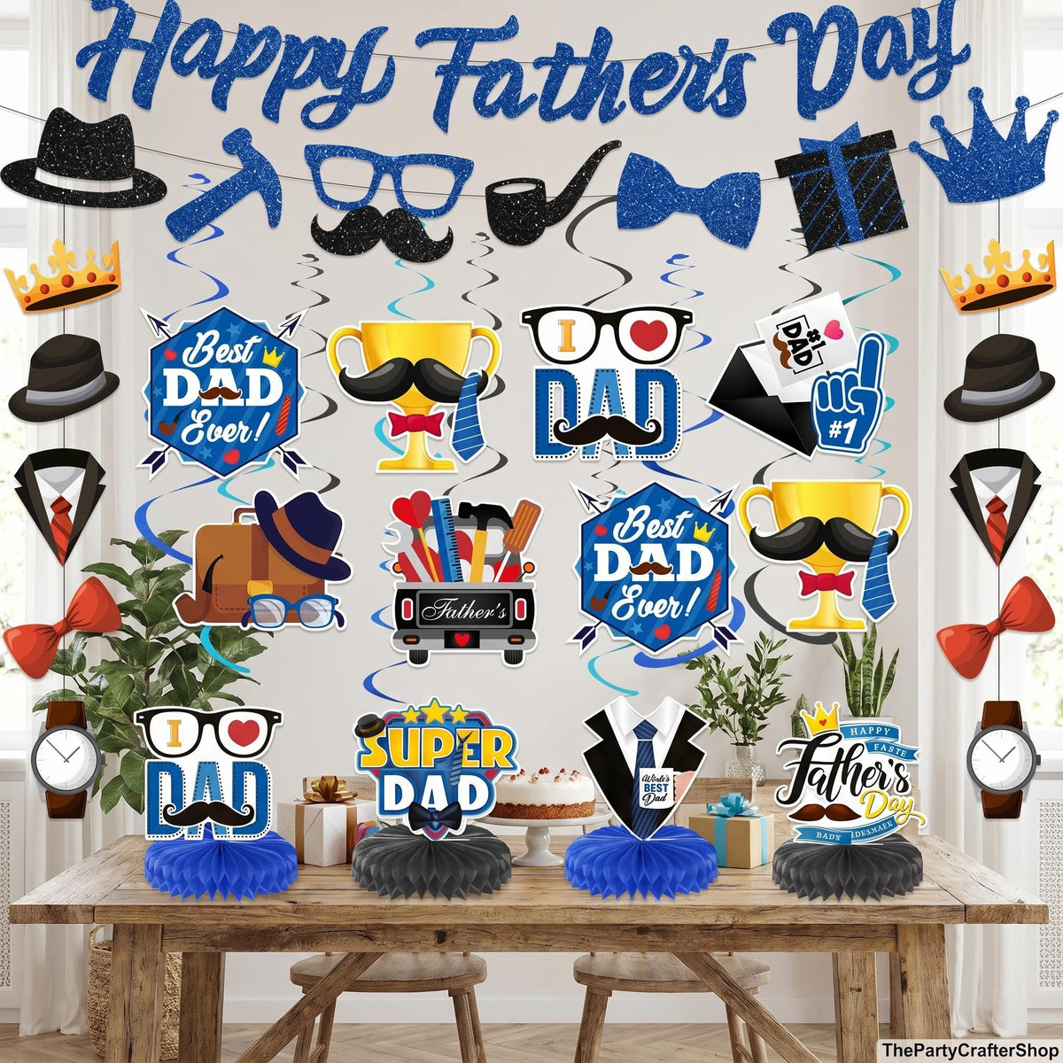 Father's Day Decorations Set Blue Glitter Banner Hanging Swirls Honeycomb Centerpieces Party Supplies