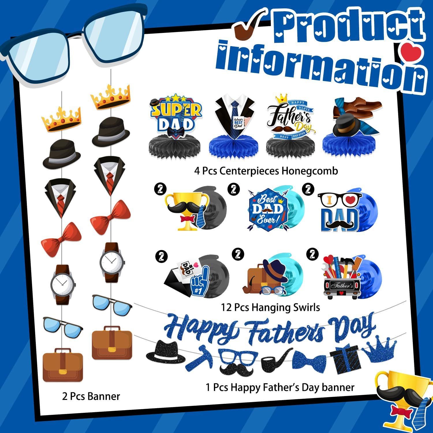 Father's Day Decorations Set Blue Glitter Banner Hanging Swirls Honeycomb Centerpieces Party Supplies