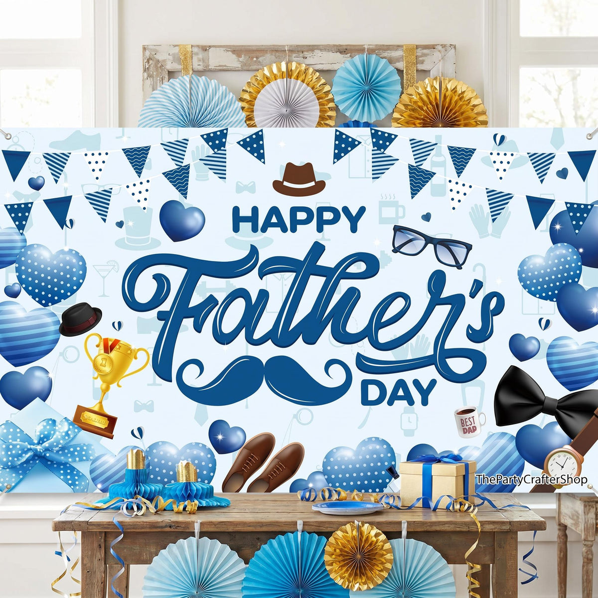 Happy Father's Day Blue Backdrop Banner 70.9x43.3 Inch Indoor Outdoor Party Decorations