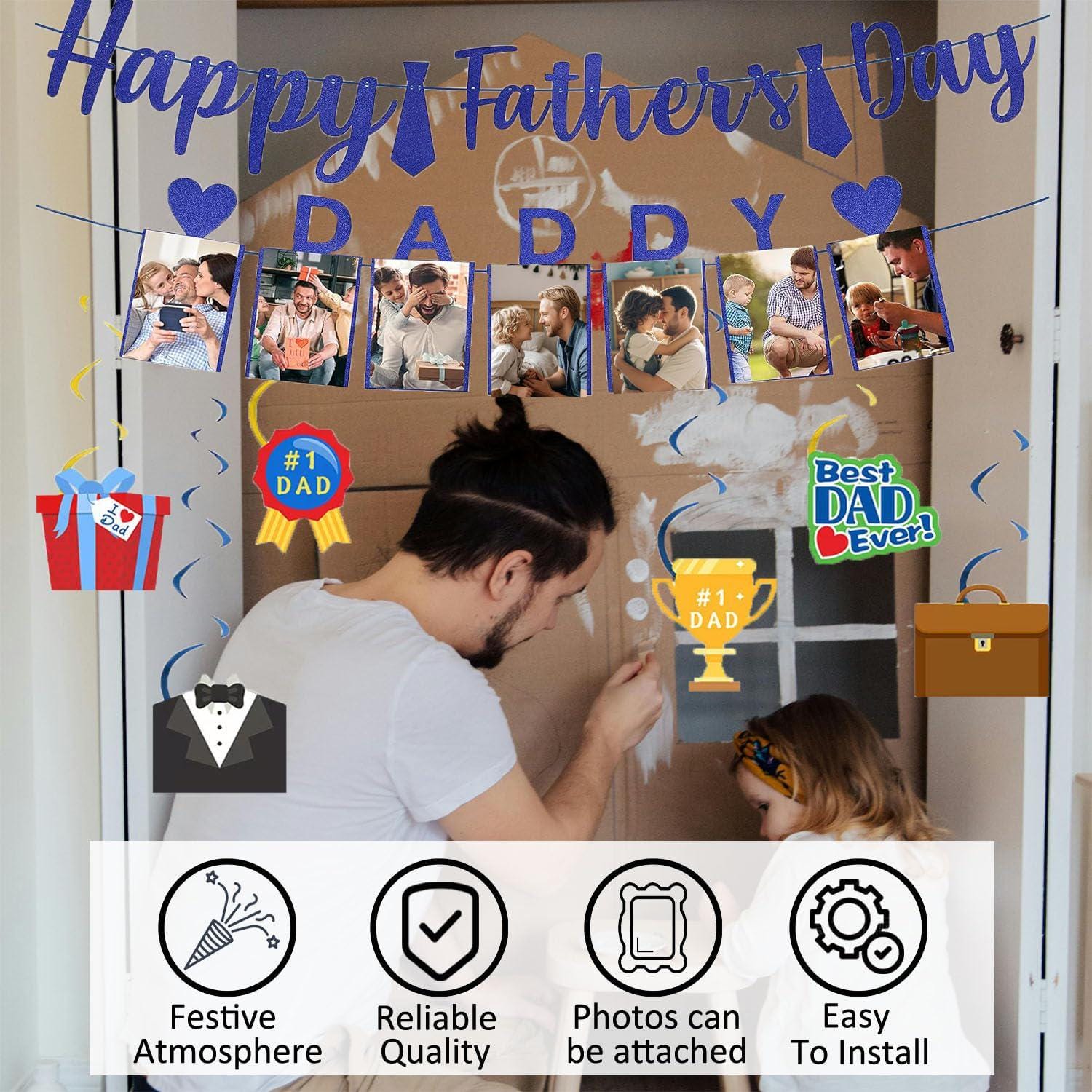 Happy Father's Day Banner Photo Display Garland with 6 Hanging Swirls Party Decorations for Dad