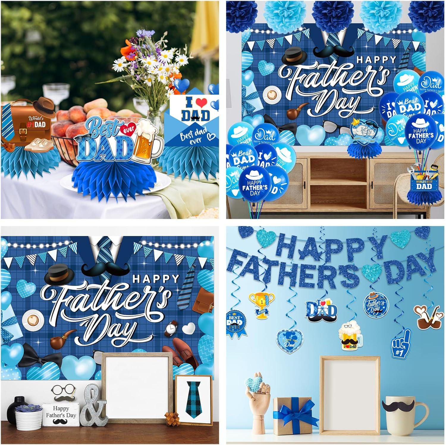 Blue Happy Father's Day Decoration Set Banner Backdrop Balloons Hanging Swirls Centerpieces