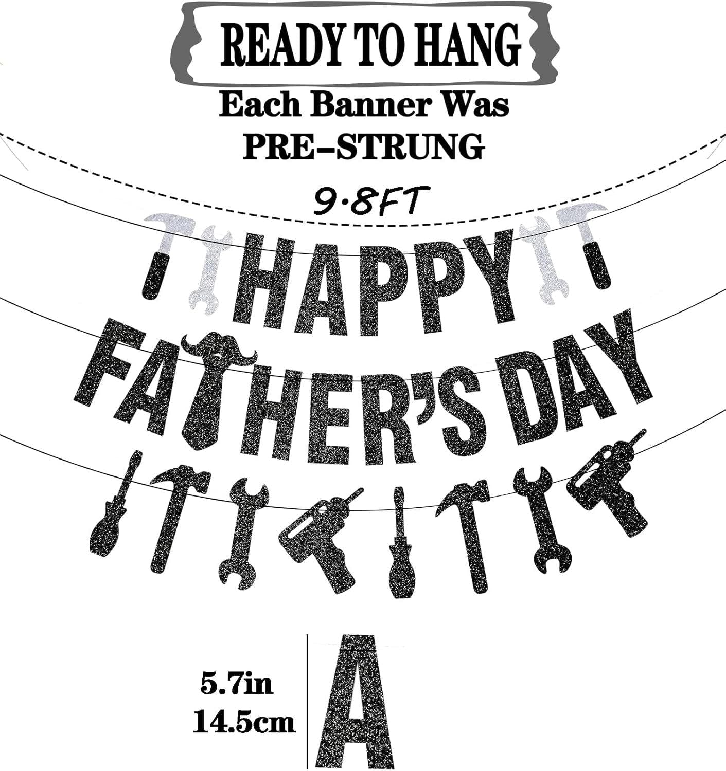 Pre-Strung Happy Father's Day Glitter Banner with Tools Garland for Dad Grandpa Papa Party Decorations