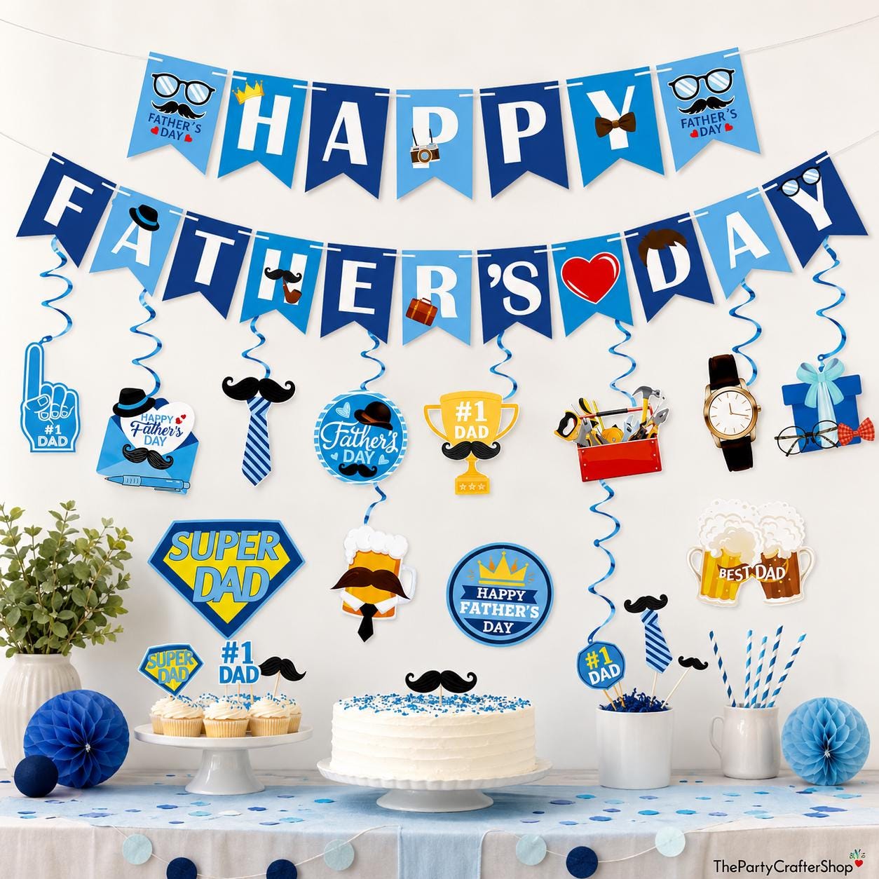 Happy Father's Day Banner & Hanging Swirls Decorations Set Party Supplies for Home Celebration