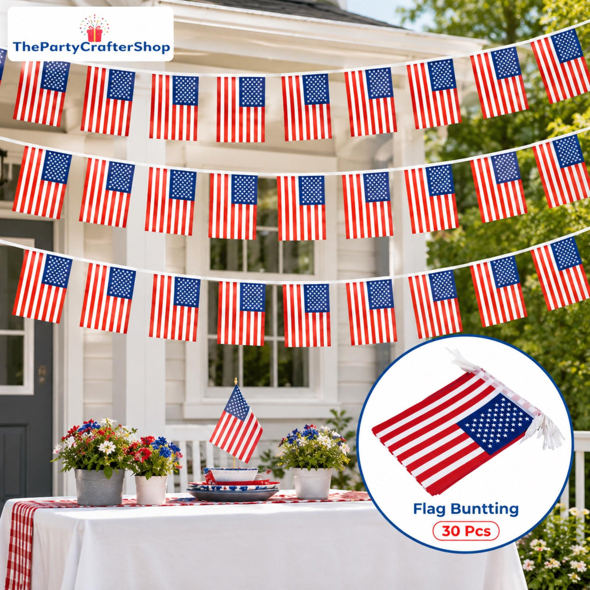 USA Patriotic Bunting Flags | Double Sided 4th of July Porch Banner, Outdoor Decor