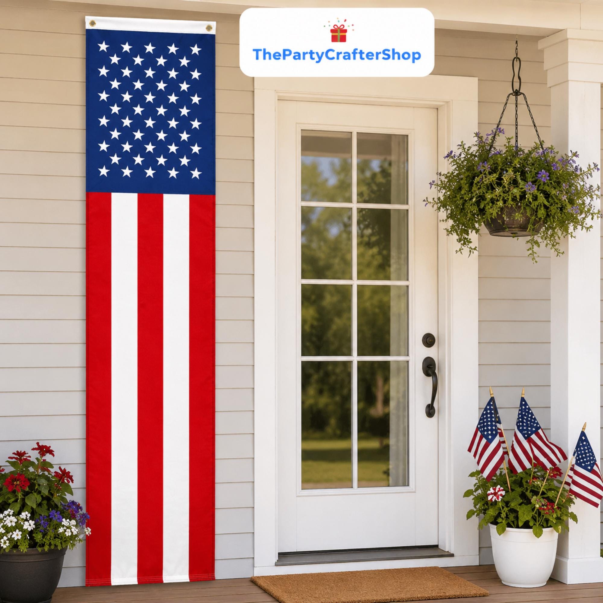 American Flag Patriotic Bunting | Embroidered Stars Wall Hanging Flag | 4th of July Porch Decor