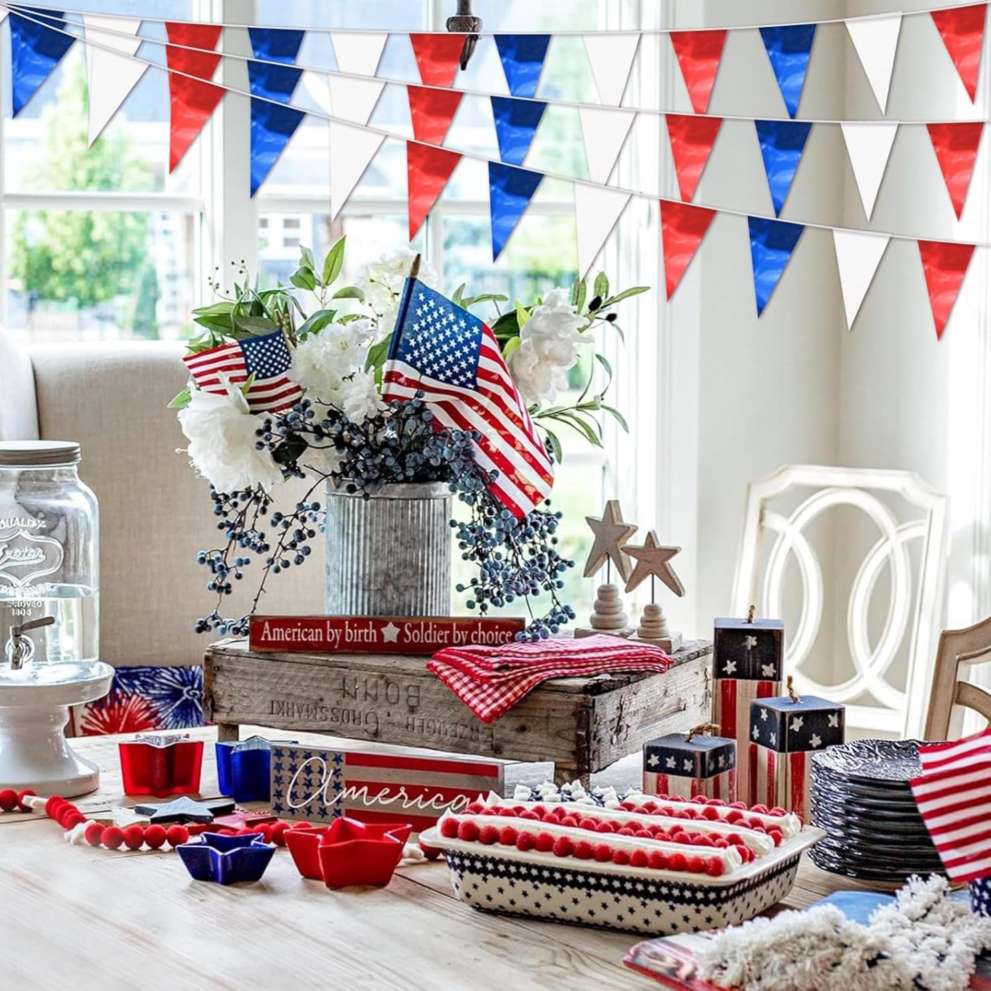 Red White Blue Glitter Pennant Banner | Metallic Triangle Bunting, Patriotic Party Decor