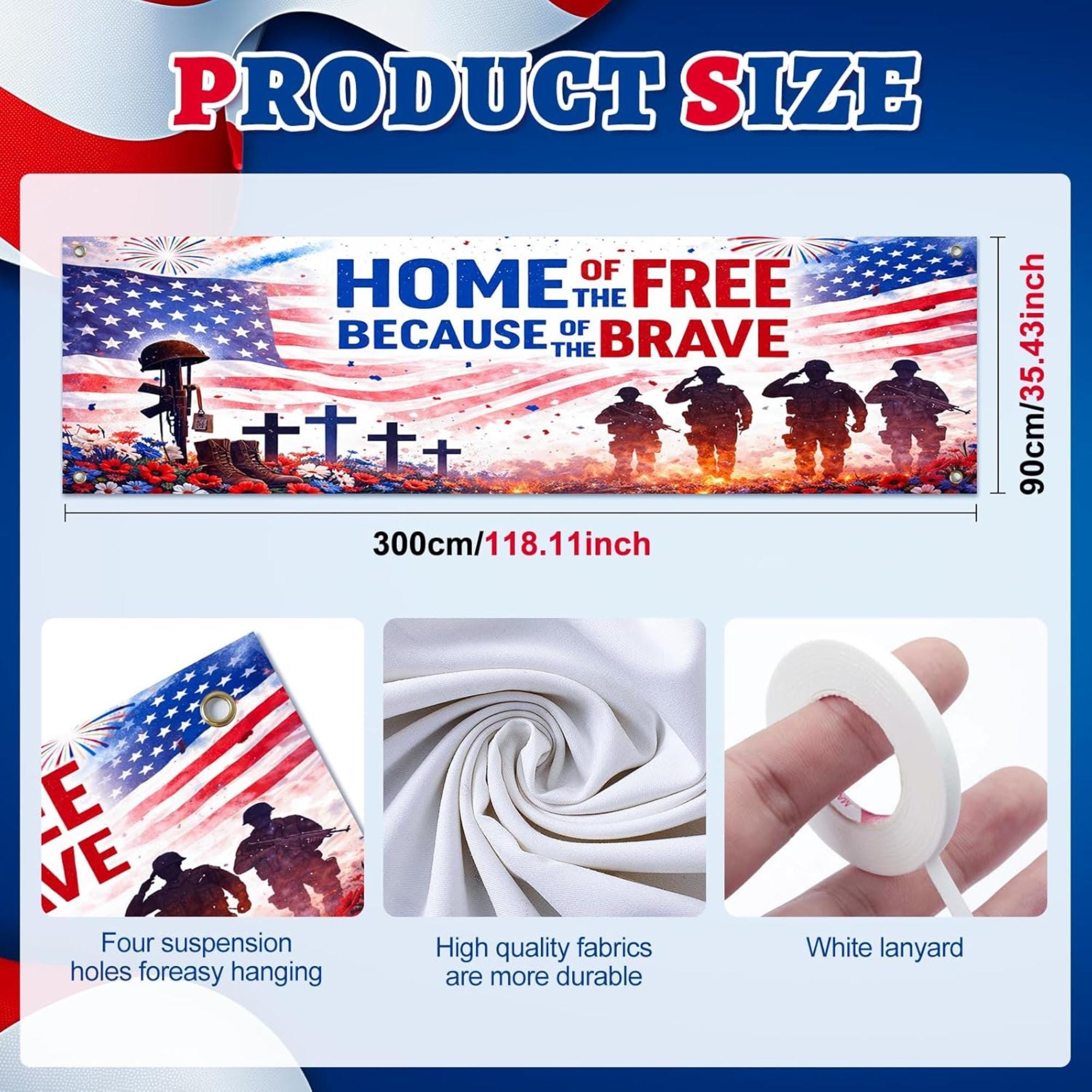Patriotic Memorial Day Banner | Home of the Free Because of the Brave Yard Decor
