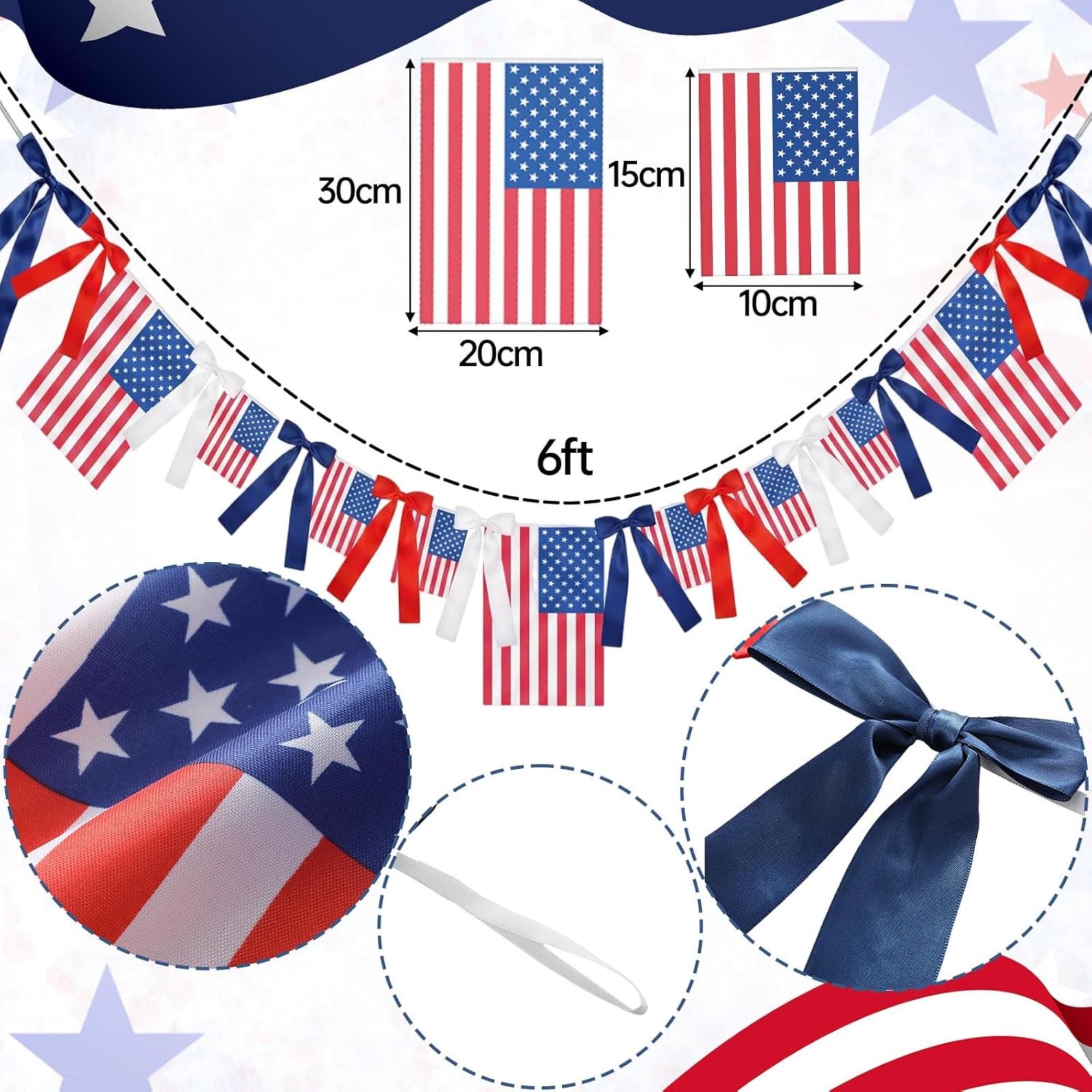 Patriotic Bow Garland | 6 Ft USA Flag Banner for 4th July, Independence, Memorial Day Decor