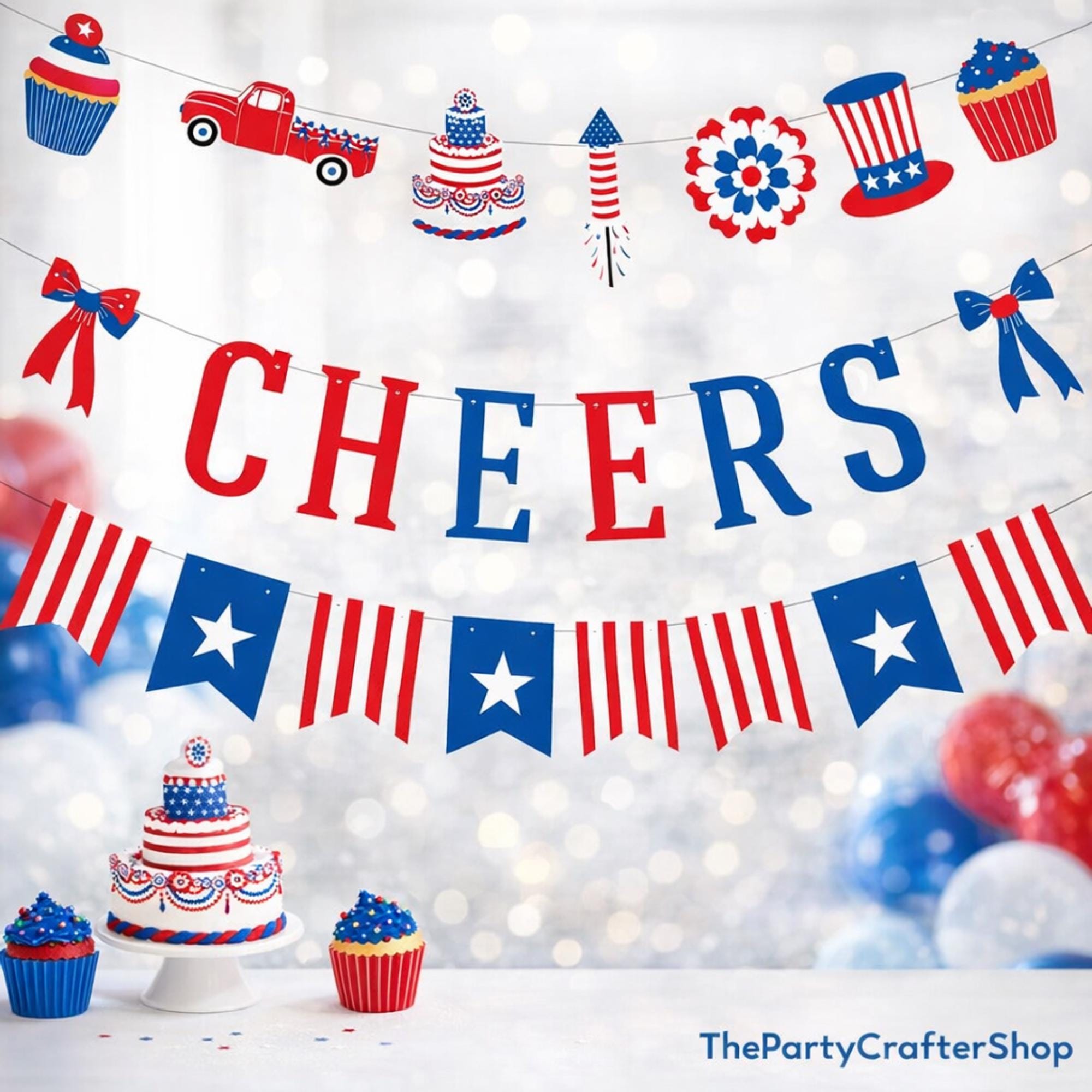 Patriotic Party Garland | "Cheers" & American Flag Banners, Red White Blue Decor