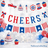 Patriotic Party Garland | "Cheers" & American Flag Banners, Red White Blue Decor