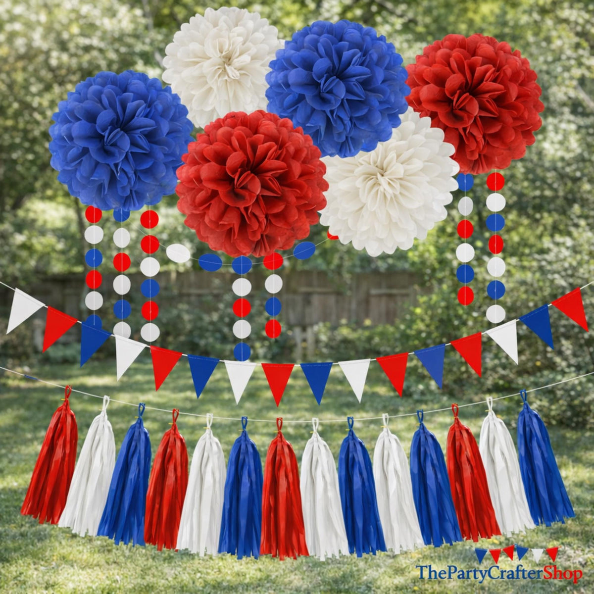 Red White Blue Party Decorations | Tissue Paper Flowers, Pom Poms, Banner, Tassels