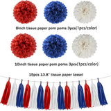 Red White Blue Party Decorations | Tissue Paper Flowers, Pom Poms, Banner, Tassels