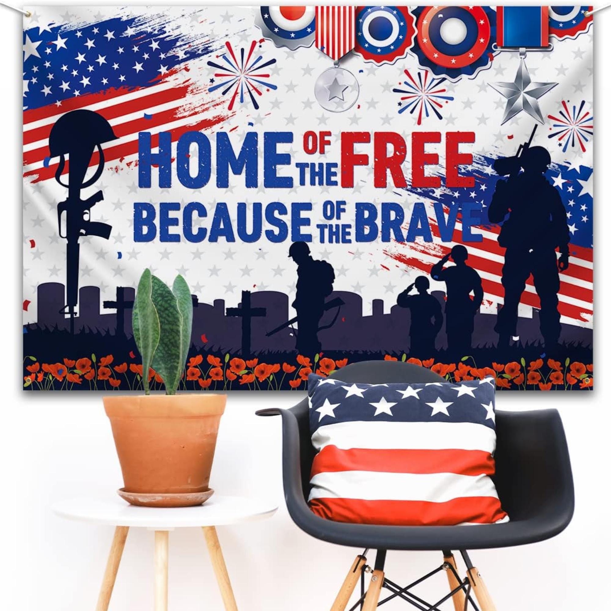 Patriotic Soldier Backdrop | Home of the Free Military Banner, 4th of July Decor