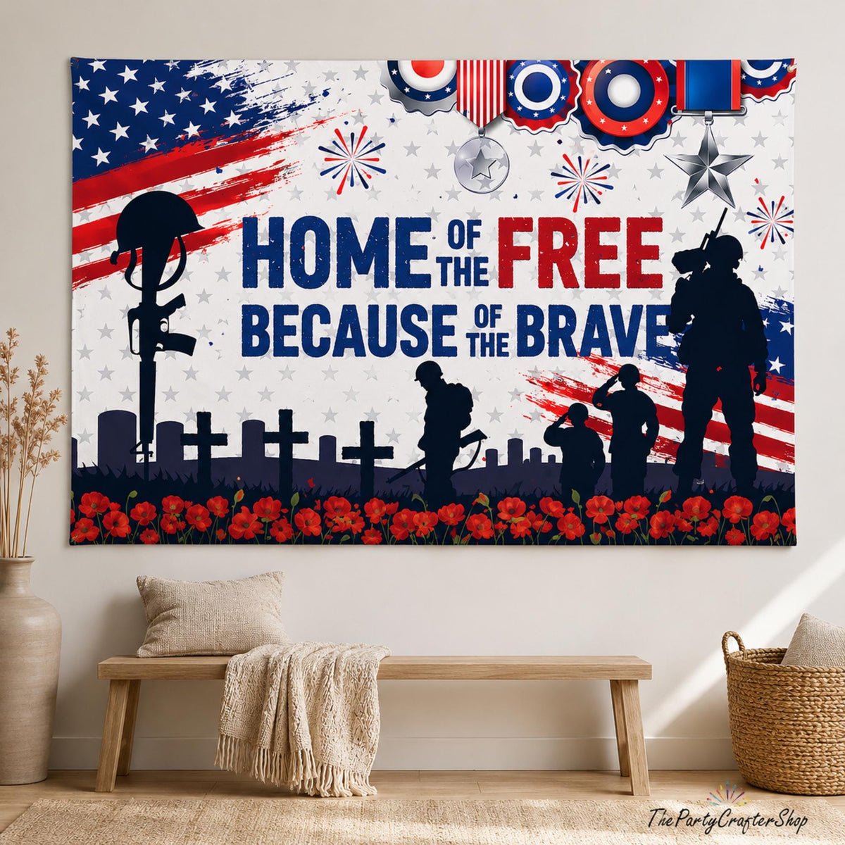 Patriotic Soldier Backdrop | Home of the Free Military Banner, 4th of July Decor