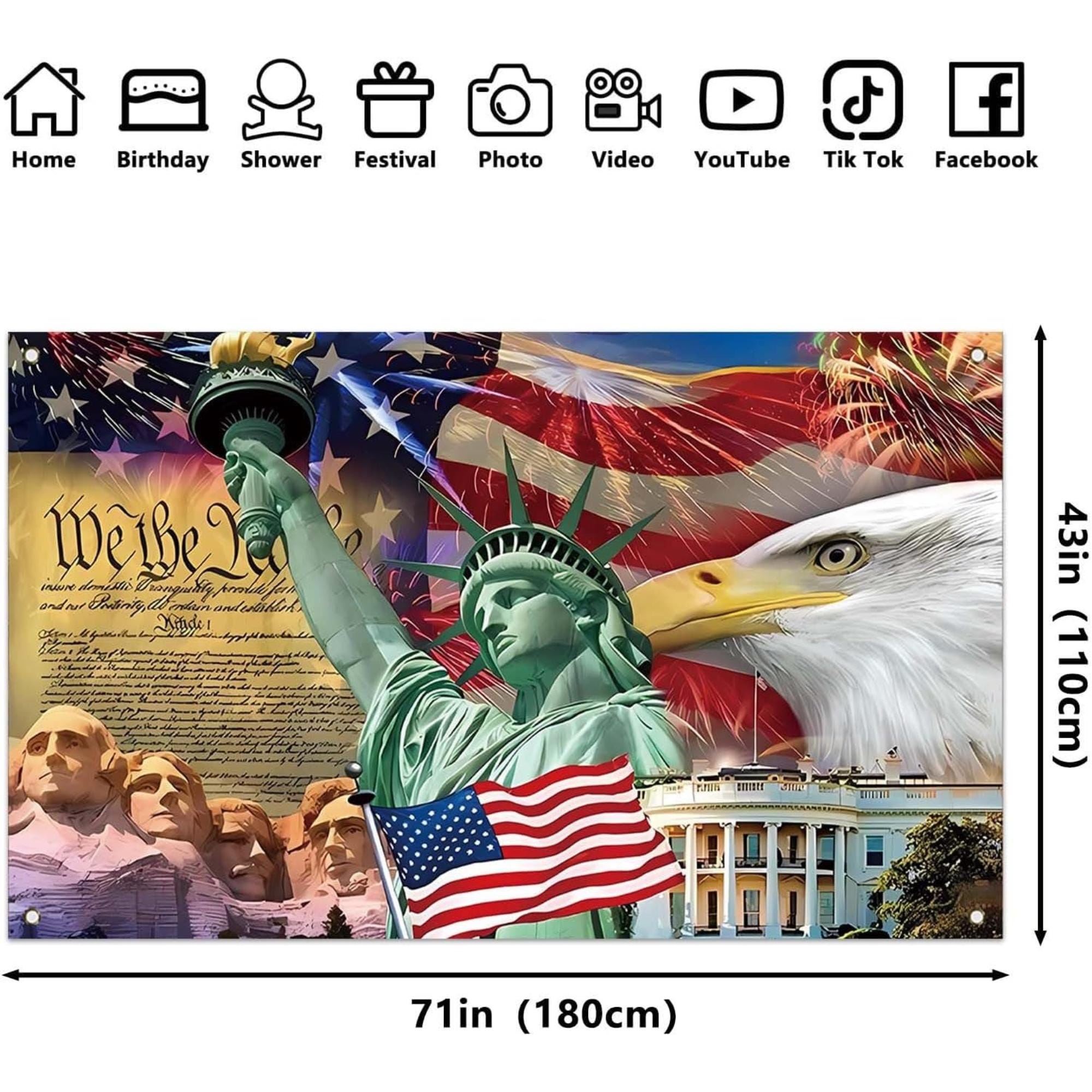 Patriotic American Flag Eagle Backdrop | Statue of Liberty, Mount Rushmore Party Decor