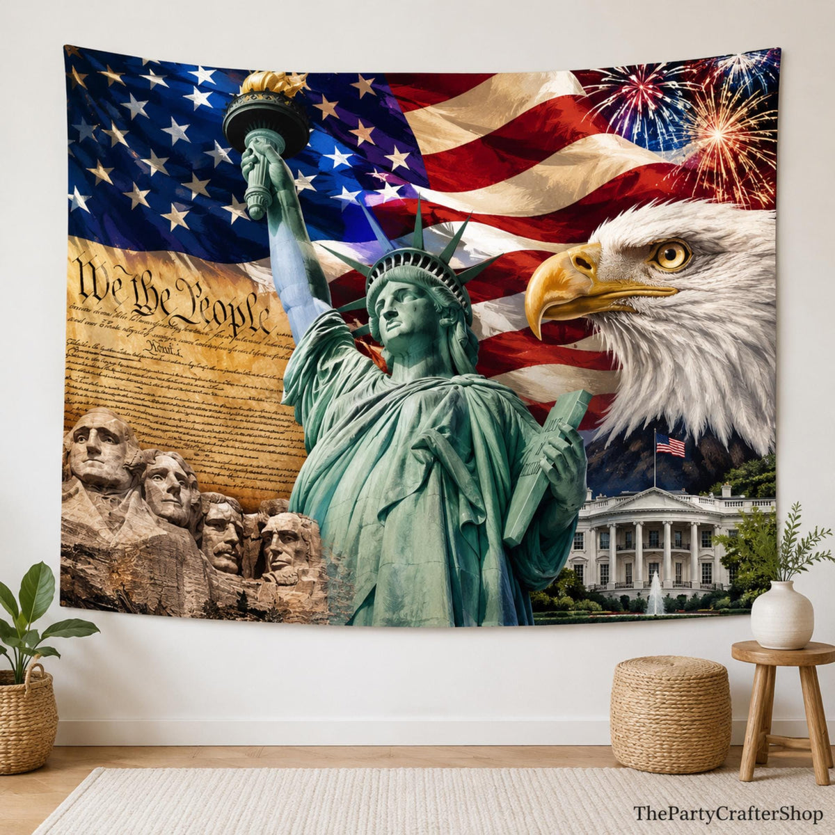Patriotic American Flag Eagle Backdrop | Statue of Liberty, Mount Rushmore Party Decor