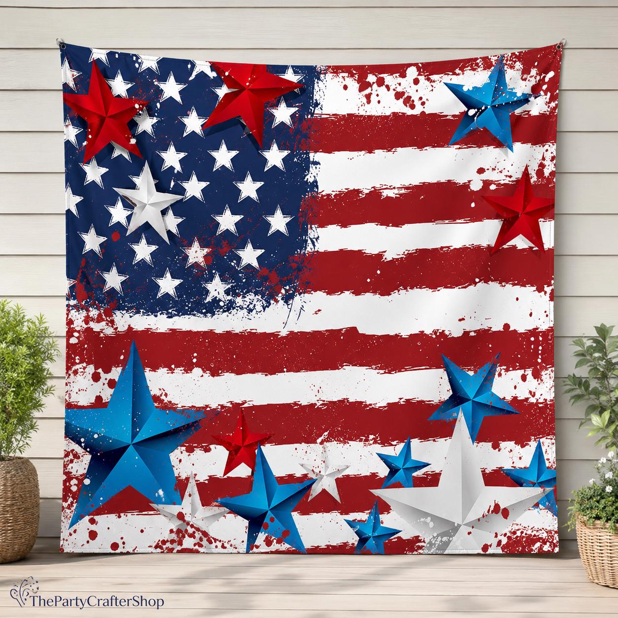 Graffiti American Flag Backdrop | Retro 4th of July Stars & Stripes Party Banner