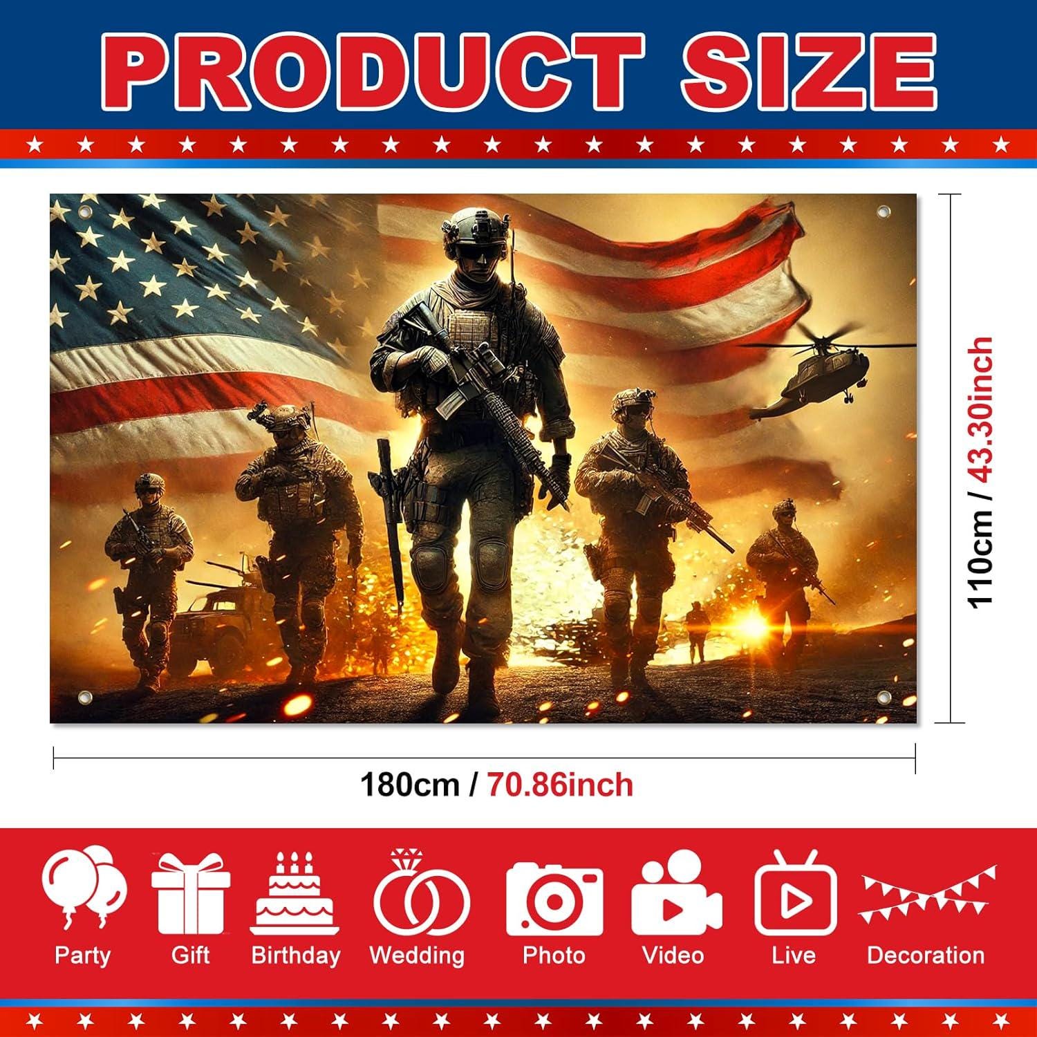 Patriotic Military Soldier Backdrop | American Flag Fireworks Banner | 4th of July Independence Day Party Decor