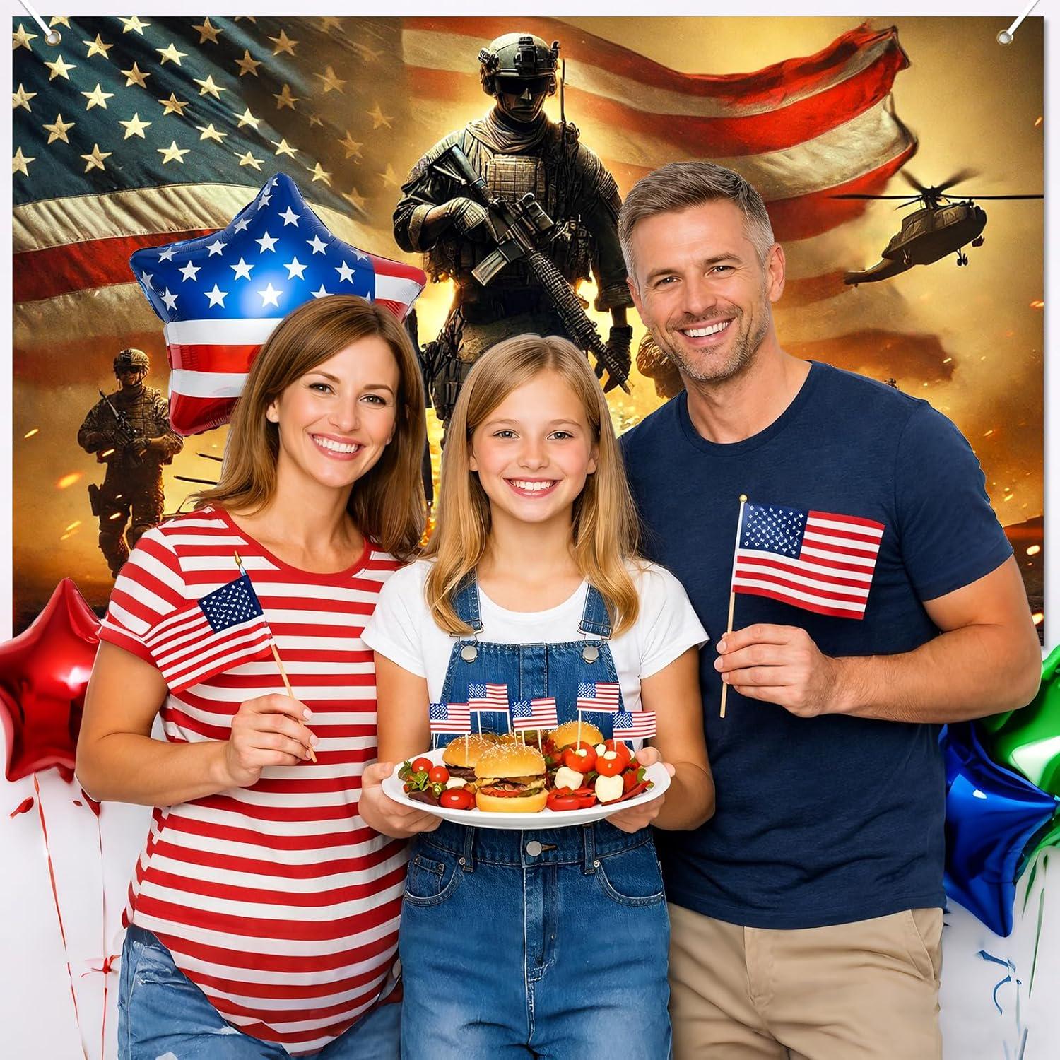 Patriotic Military Soldier Backdrop | American Flag Fireworks Banner | 4th of July Independence Day Party Decor