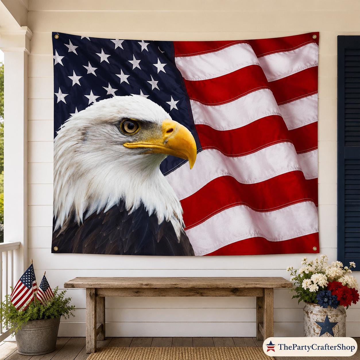 American Flag Bald Eagle Backdrop | Patriotic Stars Stripes Photo Banner (7x5 Ft)