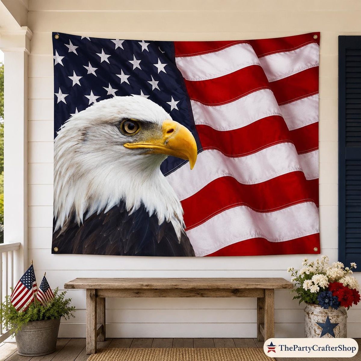 American Flag Bald Eagle Backdrop | Patriotic Stars Stripes Photo Banner (7x5 Ft)
