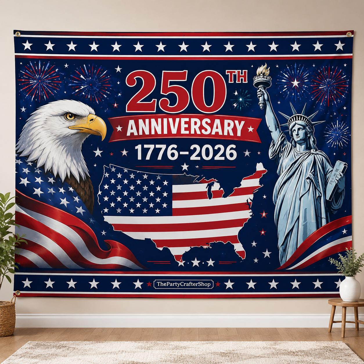250th Anniversary American Flag Backdrop | Patriotic Eagle USA Map Photo Banner
