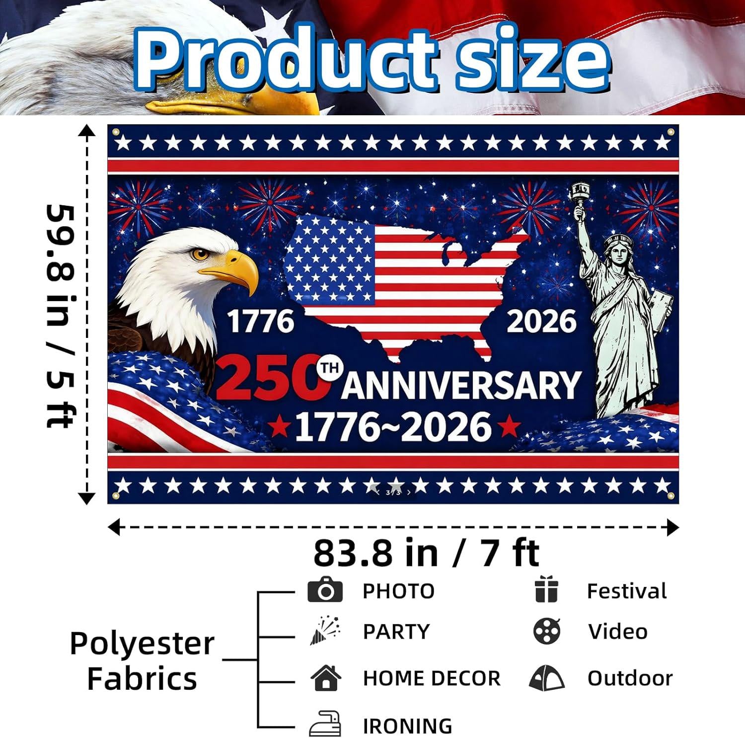 250th Anniversary American Flag Backdrop | Patriotic Eagle USA Map Photo Banner
