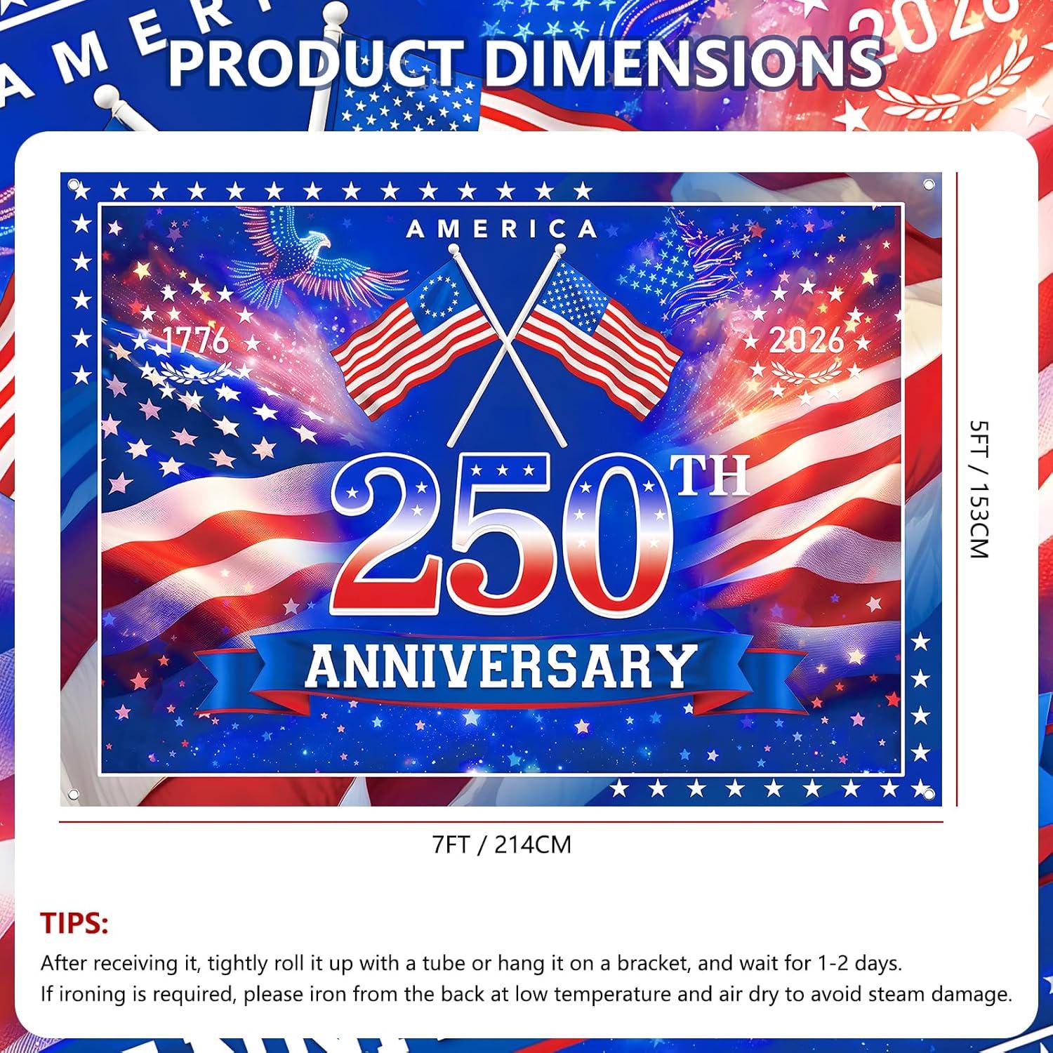 7x5 Ft 4th of July 250th Anniversary Backdrop | America 1776–2026 Flag Stars & Fireworks | Patriotic Party Decor