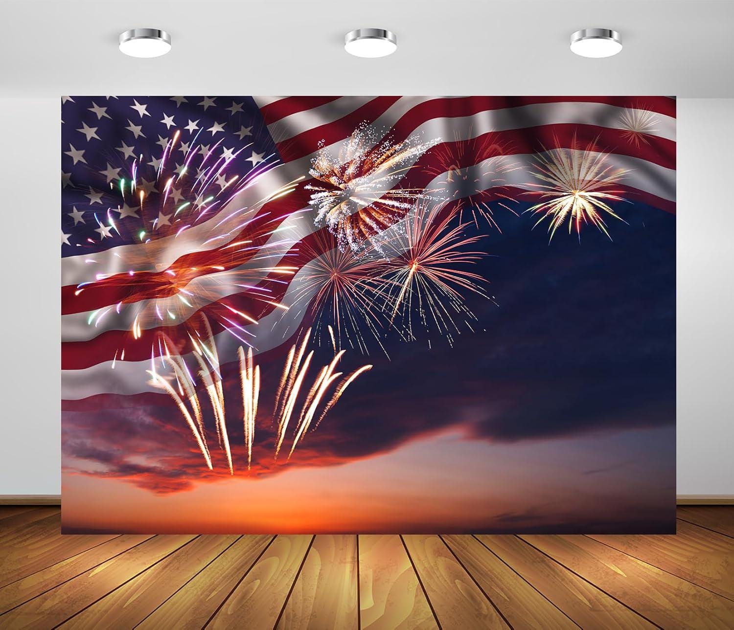 American Flag Fireworks Backdrop 7x5 Ft | 4th of July Independence Day Photo Banner | Patriotic Party Decor