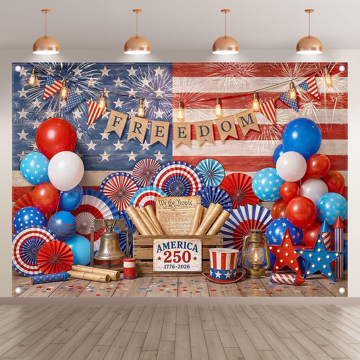 Patriotic 250th America Anniversary Backdrop | Rustic Wood Flag Photo Banner