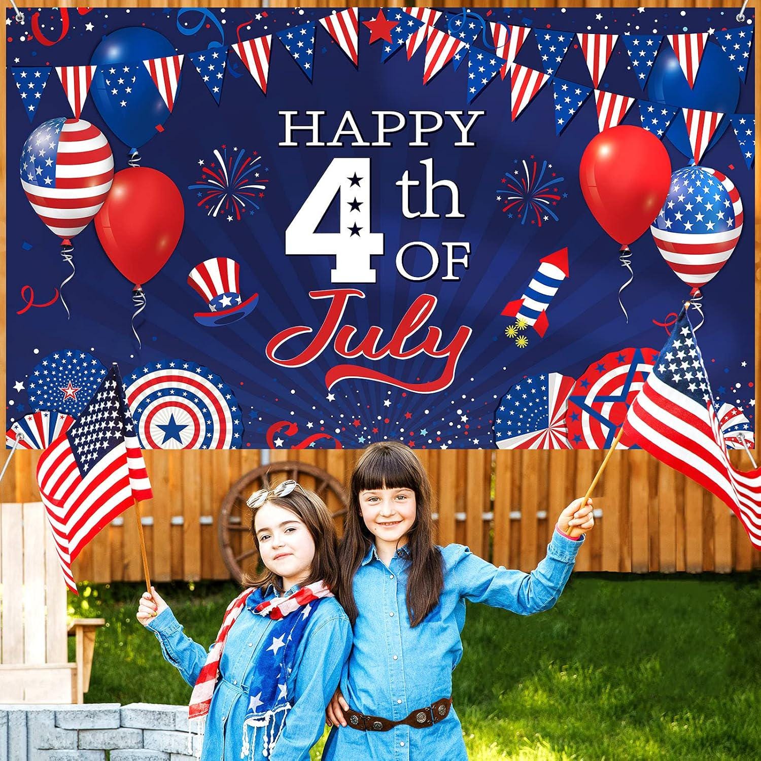 Patriotic 4th of July Backdrop | American Flag Stars Stripes Photo Banner, Independence Day Decor