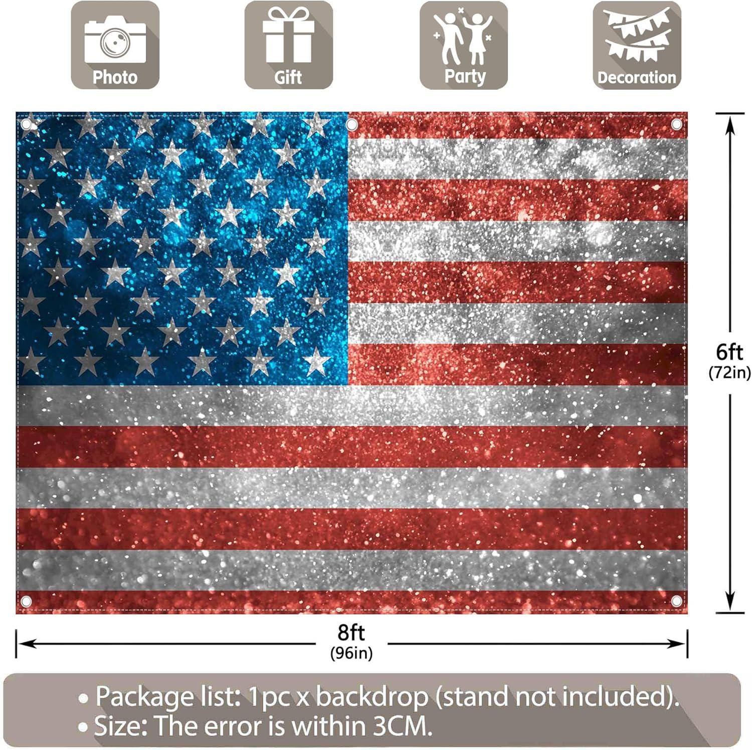 8x6 Ft Glitter American Flag Backdrop | Patriotic 4th of July Party Photo Booth Banner