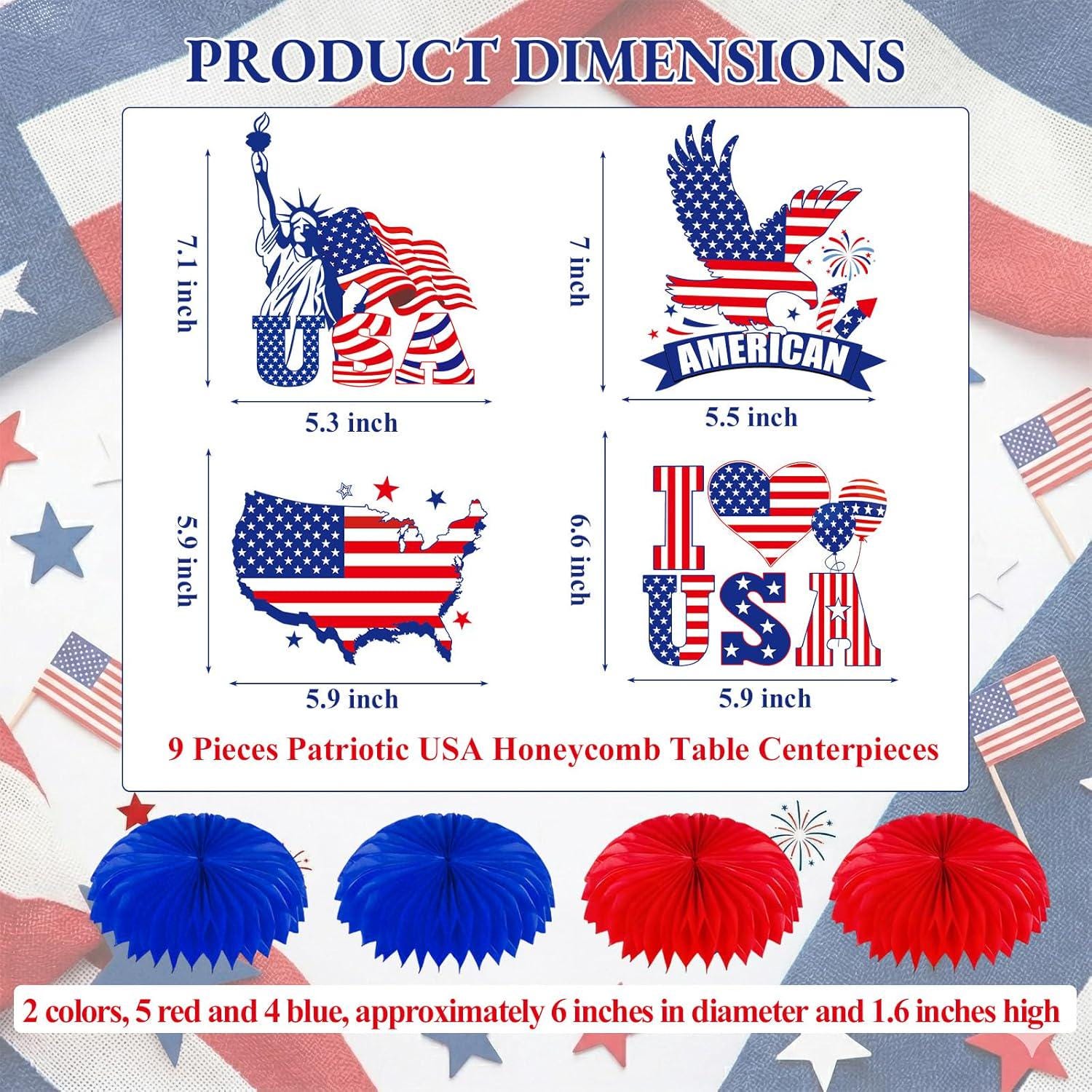 9 Pcs Patriotic USA Honeycomb Centerpieces | American Flag Eagle Table Decor