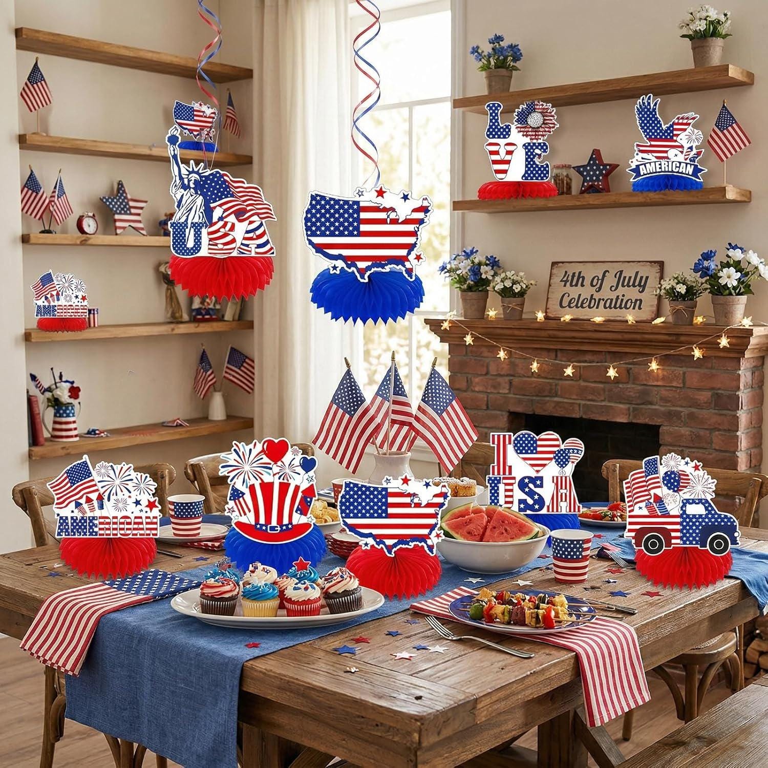 9 Pcs Patriotic USA Honeycomb Centerpieces | American Flag Eagle Table Decor