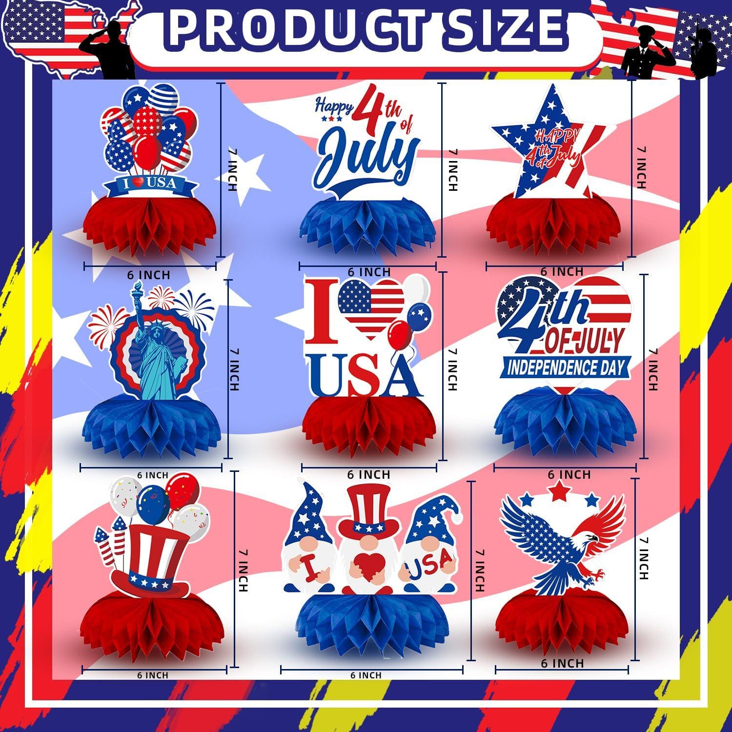 Patriotic Honeycomb Centerpieces | American Flag USA Balloons Table Decor (9 Pcs)