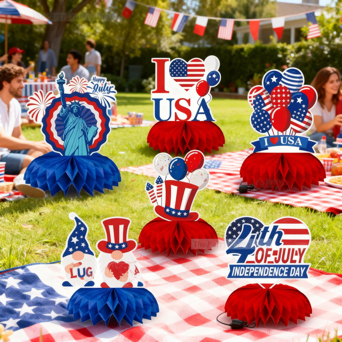 Patriotic Honeycomb Centerpieces | American Flag USA Balloons Table Decor (9 Pcs)